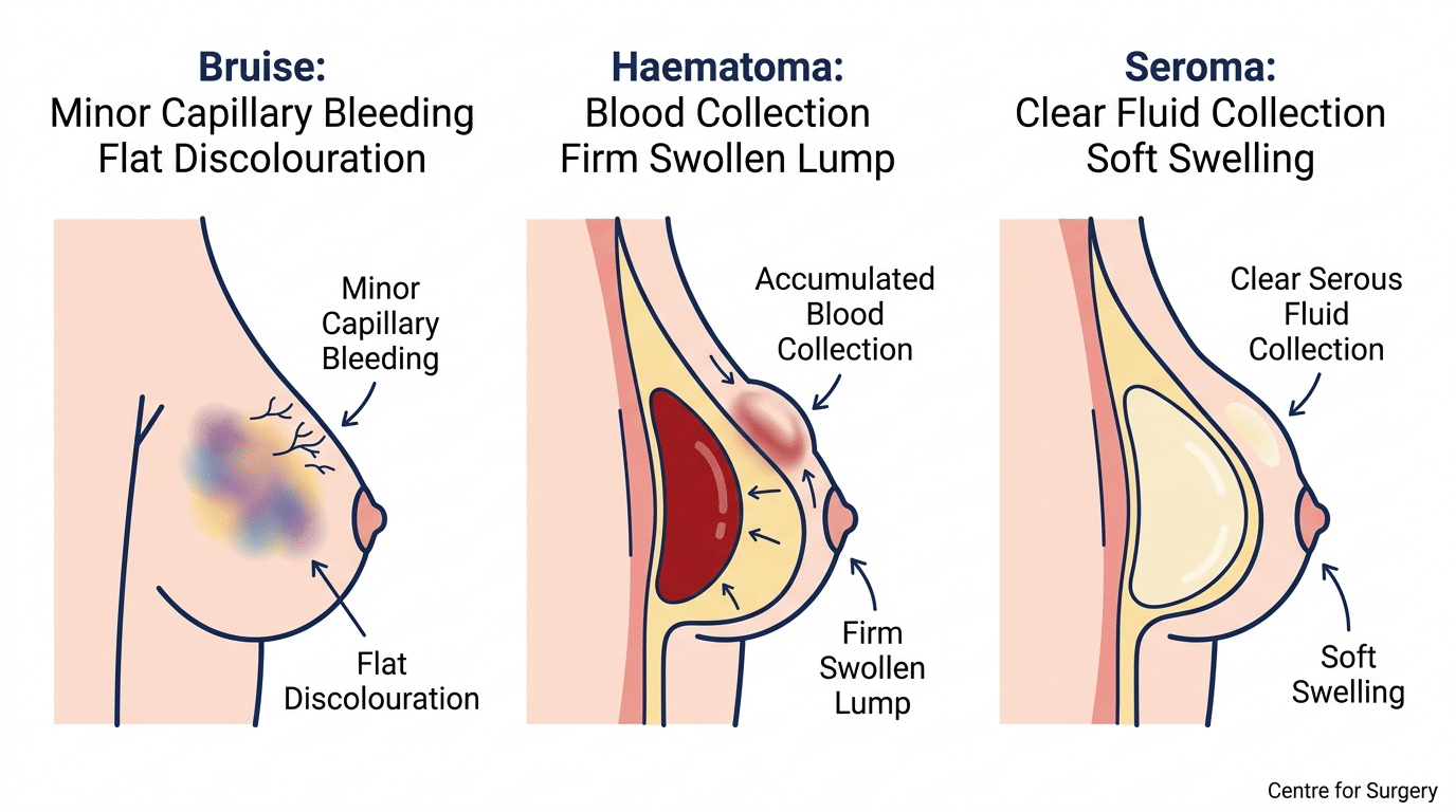 Comparison diagram distinguishing bruise versus haematoma versus seroma after breast surgery at Centre for Surgery London