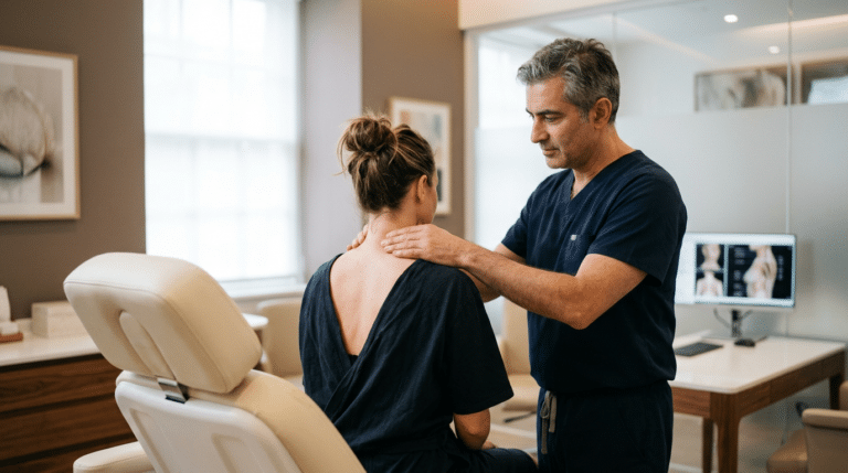 Surgeon assessing the back of a patient's neck during a buffalo hump removal consultation at Centre for Surgery London Baker Street clinic