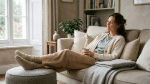 Person relaxing at home with legs elevated during calf implant recovery, Centre for Surgery London