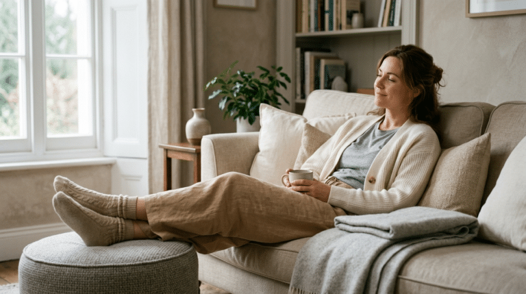 Person relaxing at home with legs elevated during calf implant recovery, Centre for Surgery London