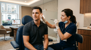Surgeon examining male patient's outer ear during cauliflower ear consultation at Centre for Surgery London Baker Street clinic