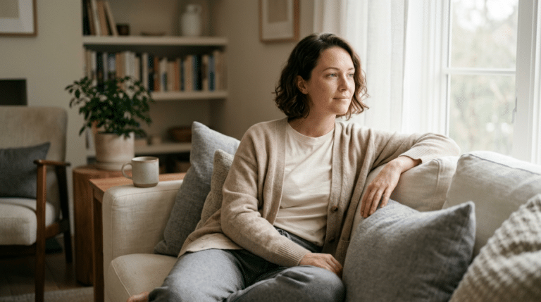 Person relaxing comfortably at home during chin liposuction recovery, Centre for Surgery London