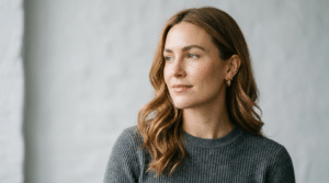 Woman with a smooth, balanced chin after cleft chin treatment in London