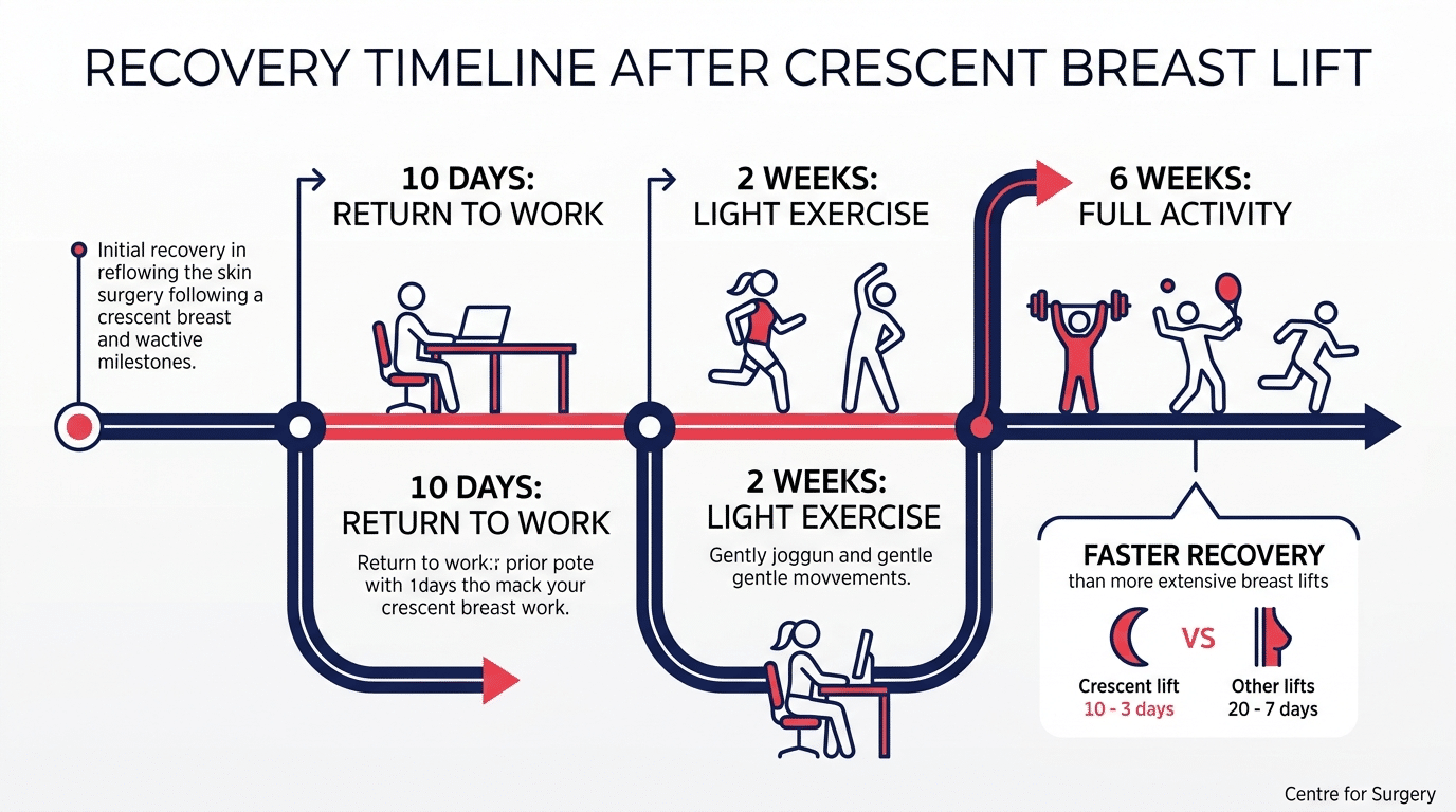 Recovery timeline after crescent breast lift surgery at Centre for Surgery London, showing 10 days to return to work, 2 weeks to light exercise, and 6 weeks to full activity