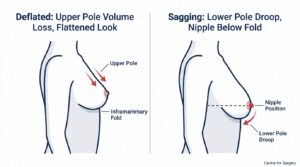 Diagram comparing deflated flat breasts with upper pole volume loss versus sagging drooping breasts with lower pole droop at Centre for Surgery London