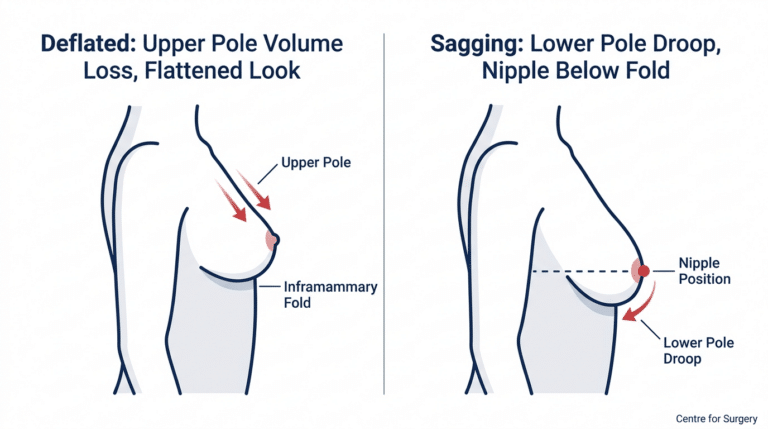 Diagram comparing deflated flat breasts with upper pole volume loss versus sagging drooping breasts with lower pole droop at Centre for Surgery London