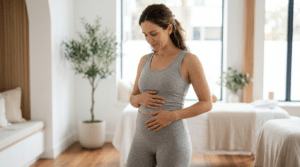 Editorial portrait of a woman resting her hands on her midsection representing post-pregnancy abdominal recovery and diastasis recti at Centre for Surgery London