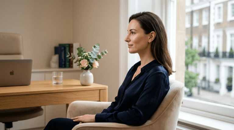 Woman in profile at a London clinic consultation considering the different types of rhinoplasty