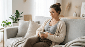 Woman in a post-surgery support bra relaxing calmly at home during breast augmentation recovery at Centre for Surgery London