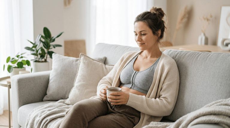 Woman in a post-surgery support bra relaxing calmly at home during breast augmentation recovery at Centre for Surgery London