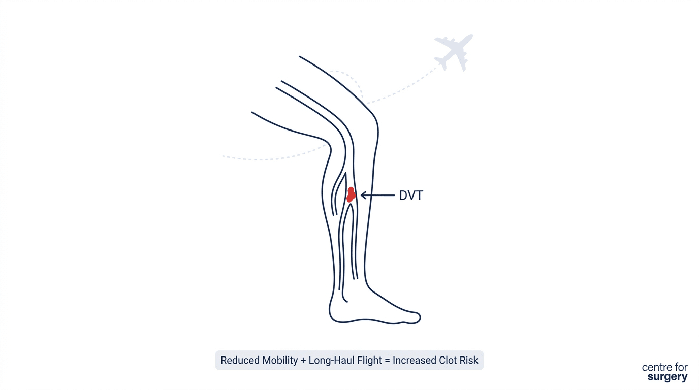 Medical diagram illustrating deep vein thrombosis DVT risk from flying long-haul shortly after mummy makeover surgery abroad
