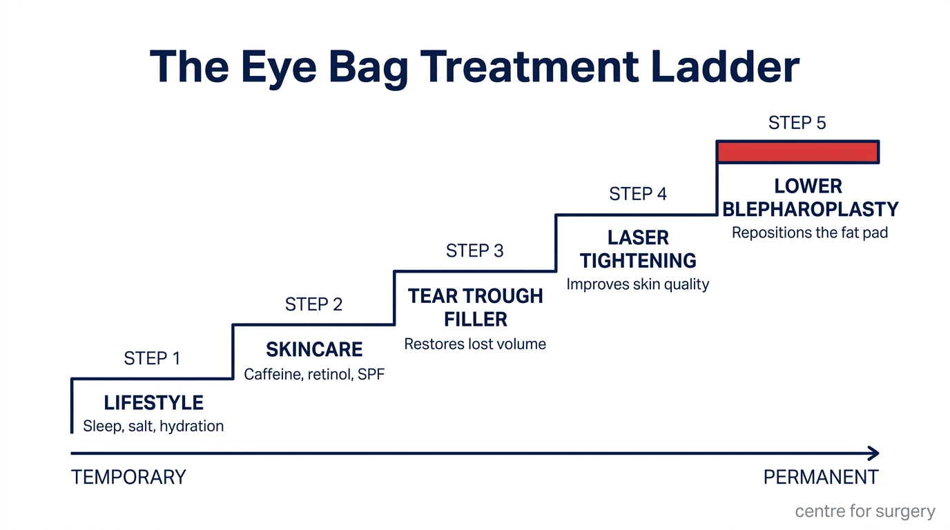 The eye bag treatment ladder — a five-step diagram rising from lifestyle changes and skincare through tear trough filler and laser tightening to lower blepharoplasty, mapped from temporary to permanent, Centre for Surgery London