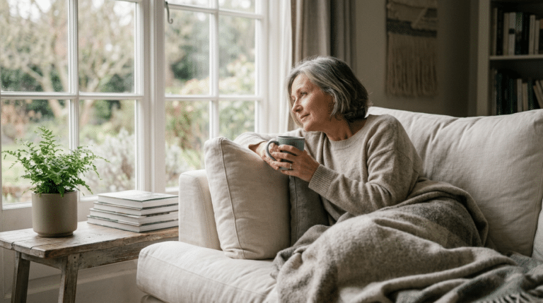 Woman relaxing comfortably at home during facelift recovery, Centre for Surgery London
