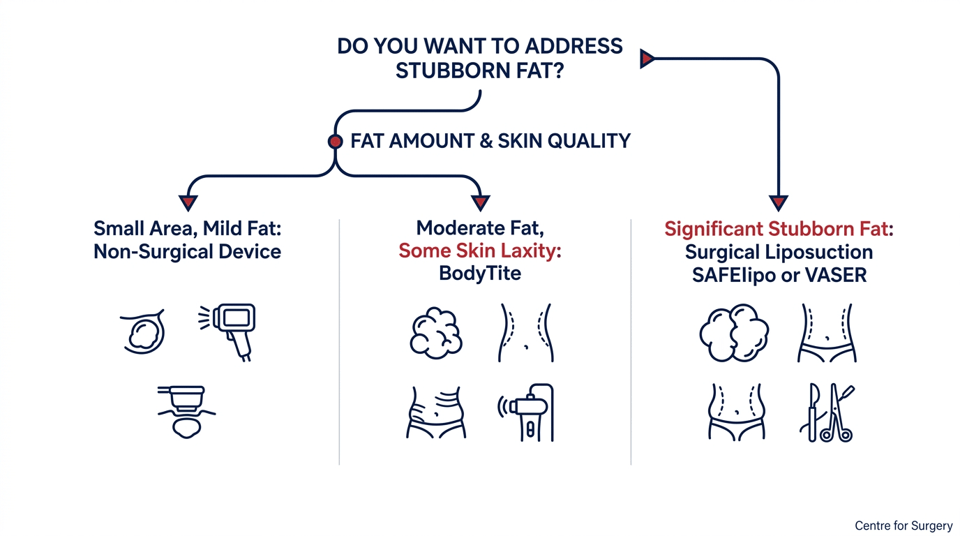 Decision tree diagram for choosing between fat removal options at Centre for Surgery London