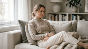 Woman relaxing comfortably at home during fat transfer to breasts recovery, Centre for Surgery London