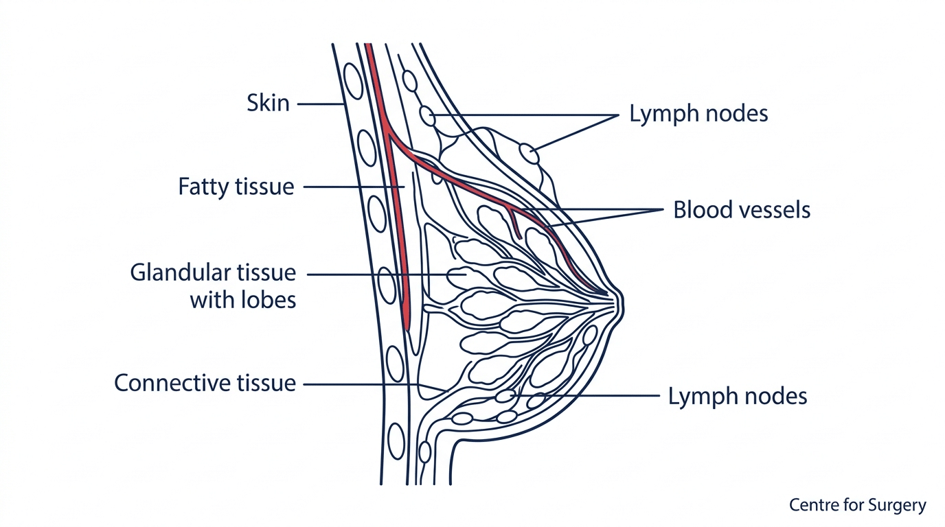 Diagram of female breast anatomy showing skin, fatty tissue, glandular tissue, connective tissue, blood vessels and lymph nodes at Centre for Surgery London
