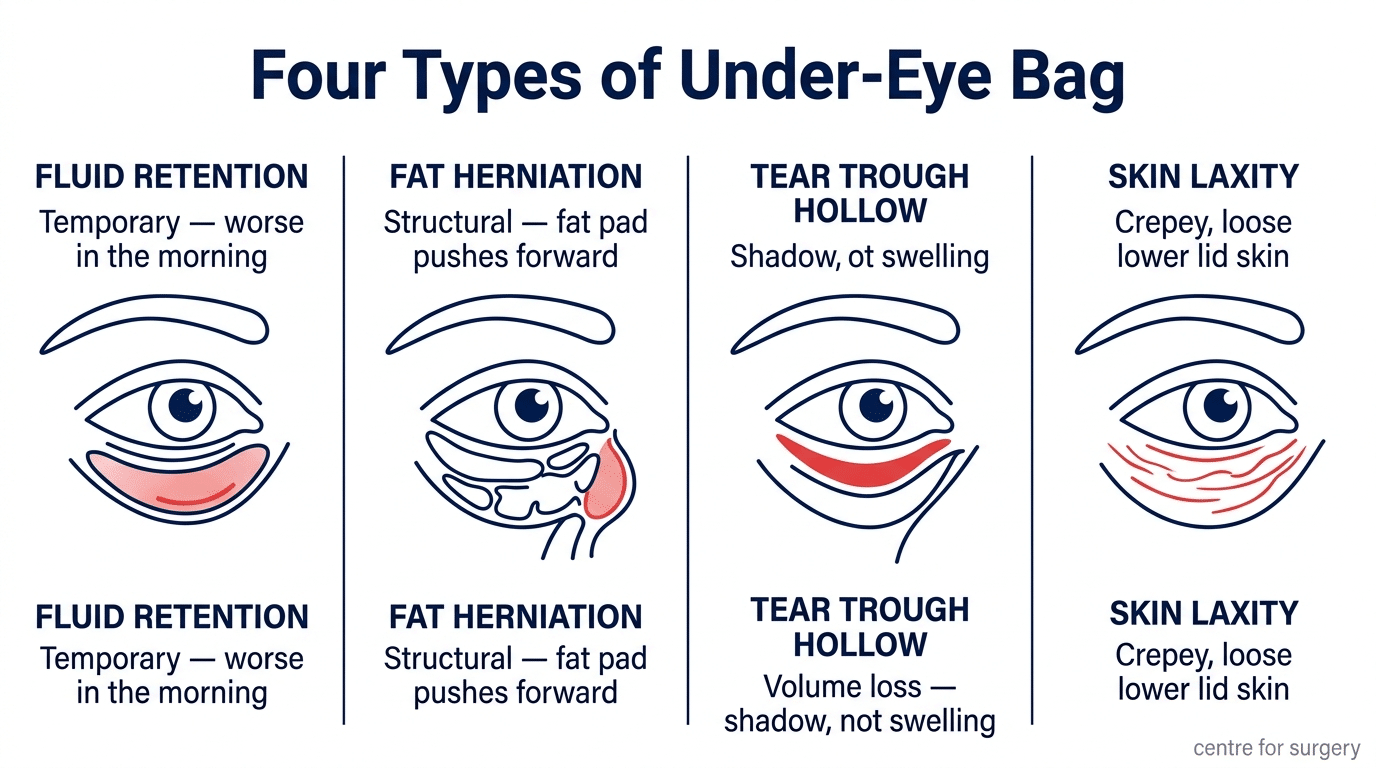 Diagram of the four types of under-eye bag — fluid retention, fat herniation, tear trough hollow and skin laxity — showing which are temporary and which are structural, Centre for Surgery London
