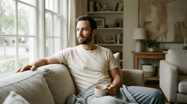 Man relaxing comfortably at home during gynecomastia recovery, Centre for Surgery London