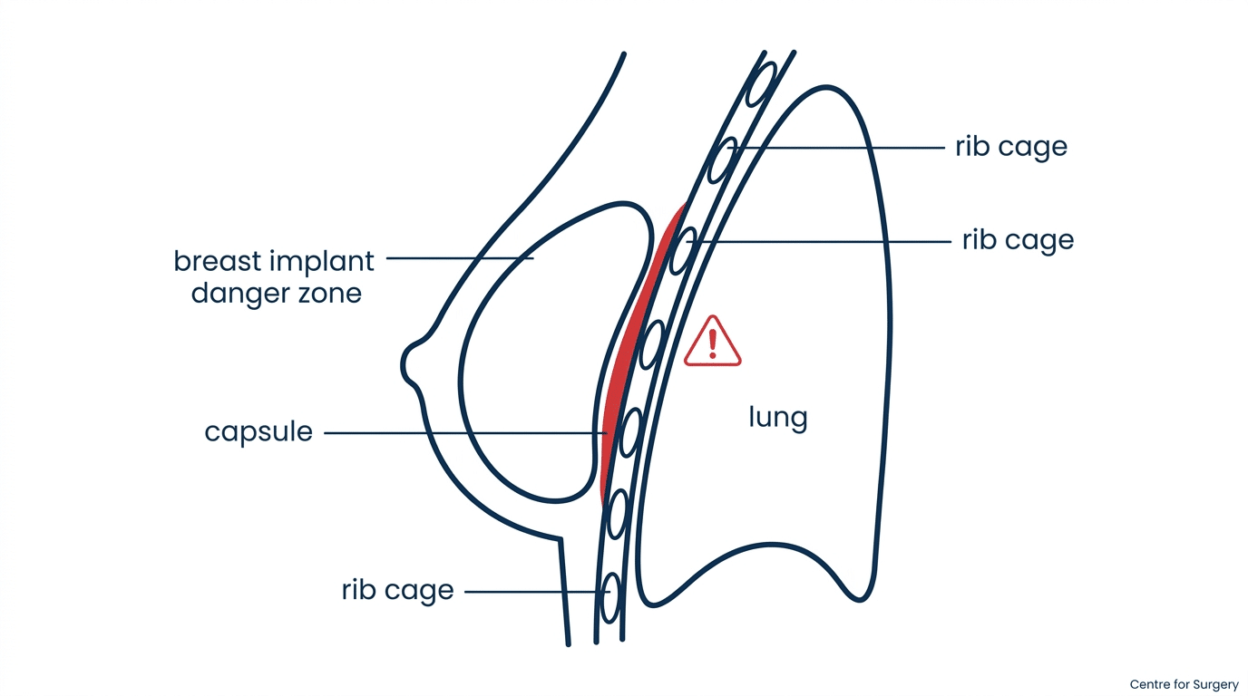 Anatomical cross-section diagram showing the breast implant capsule in relation to the rib cage and lung, illustrating the pneumothorax risk during en bloc capsulectomy near the chest wall