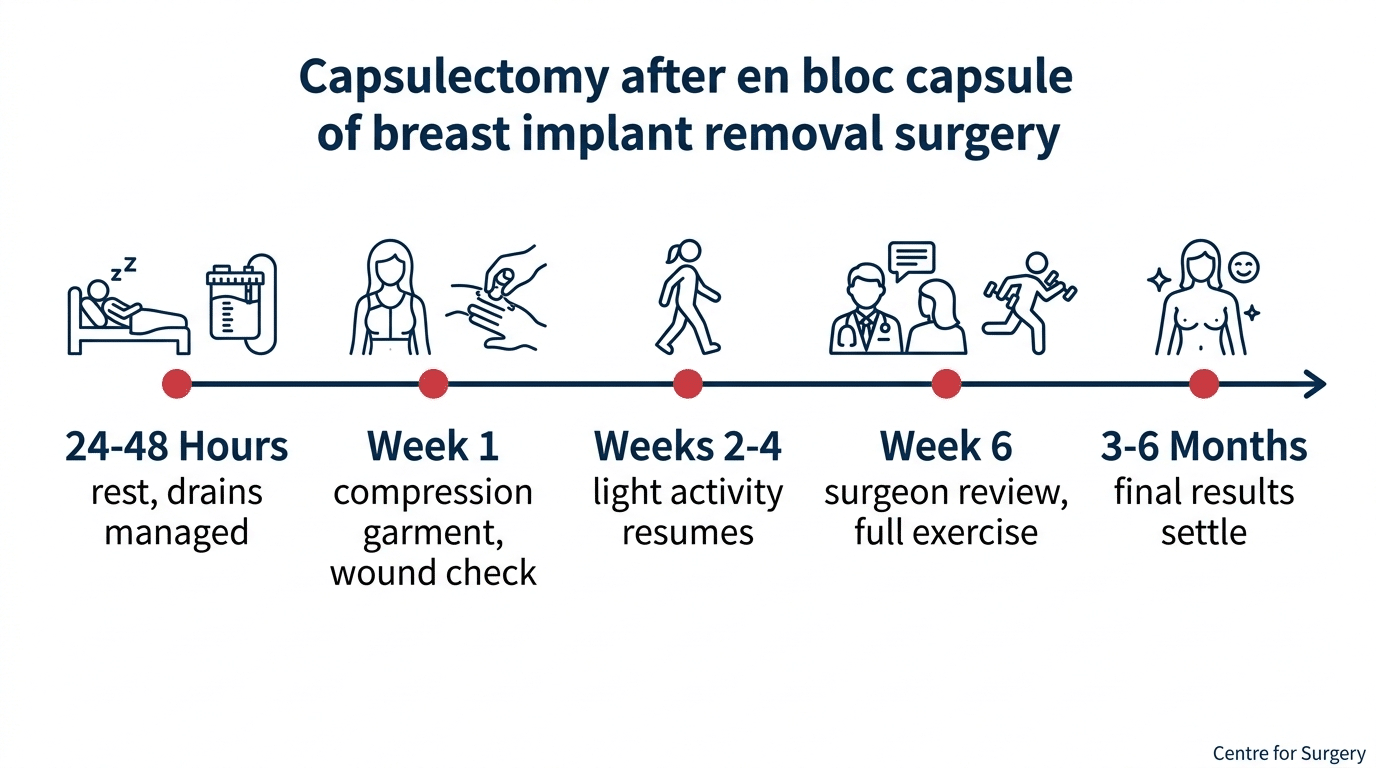 Recovery timeline infographic for en bloc capsulectomy showing milestones from the first 24 to 48 hours through final results at 3 to 6 months