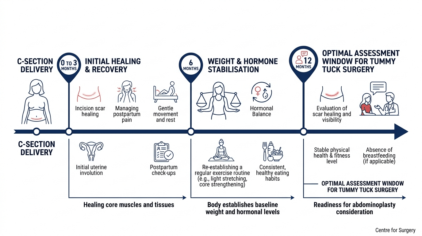 Timeline showing post C-section recovery milestones leading up to tummy tuck readiness: initial healing, weight and hormone stabilisation, and optimal assessment window