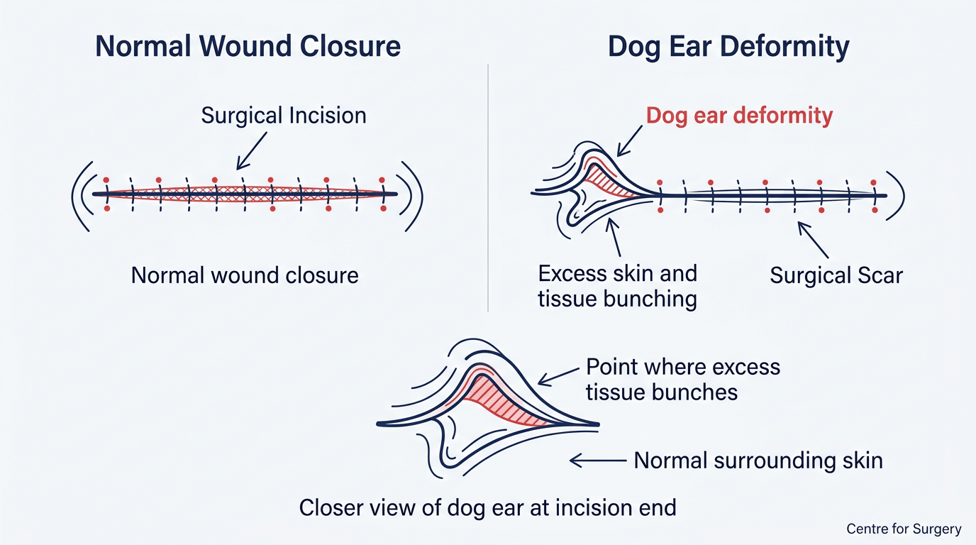 Diagram showing how a dog ear forms at the end of a surgical incision, with excess skin puckering into a triangular fold where the scar meets normal skin