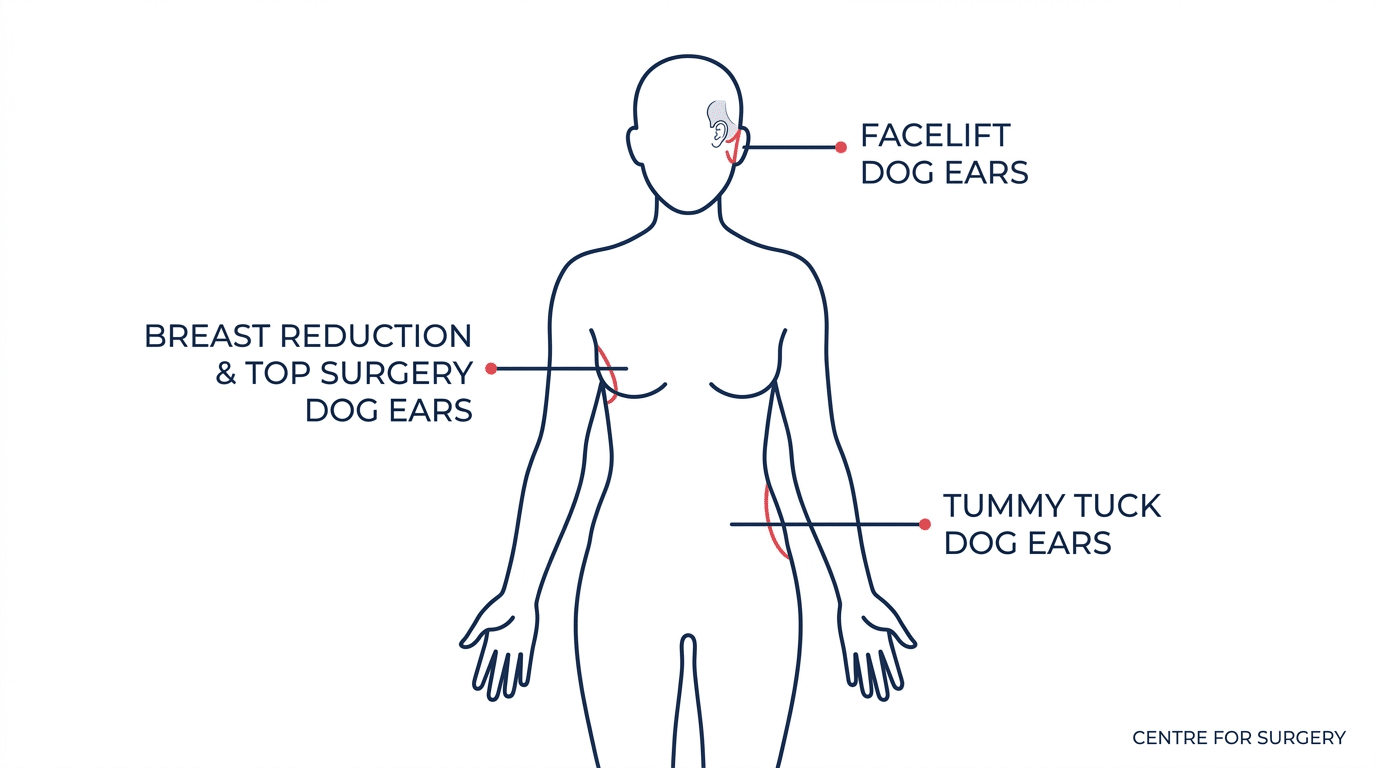 Body map showing where dog ears commonly form: hip area after tummy tuck, chest sides after breast reduction or top surgery, and behind the ear after facelift