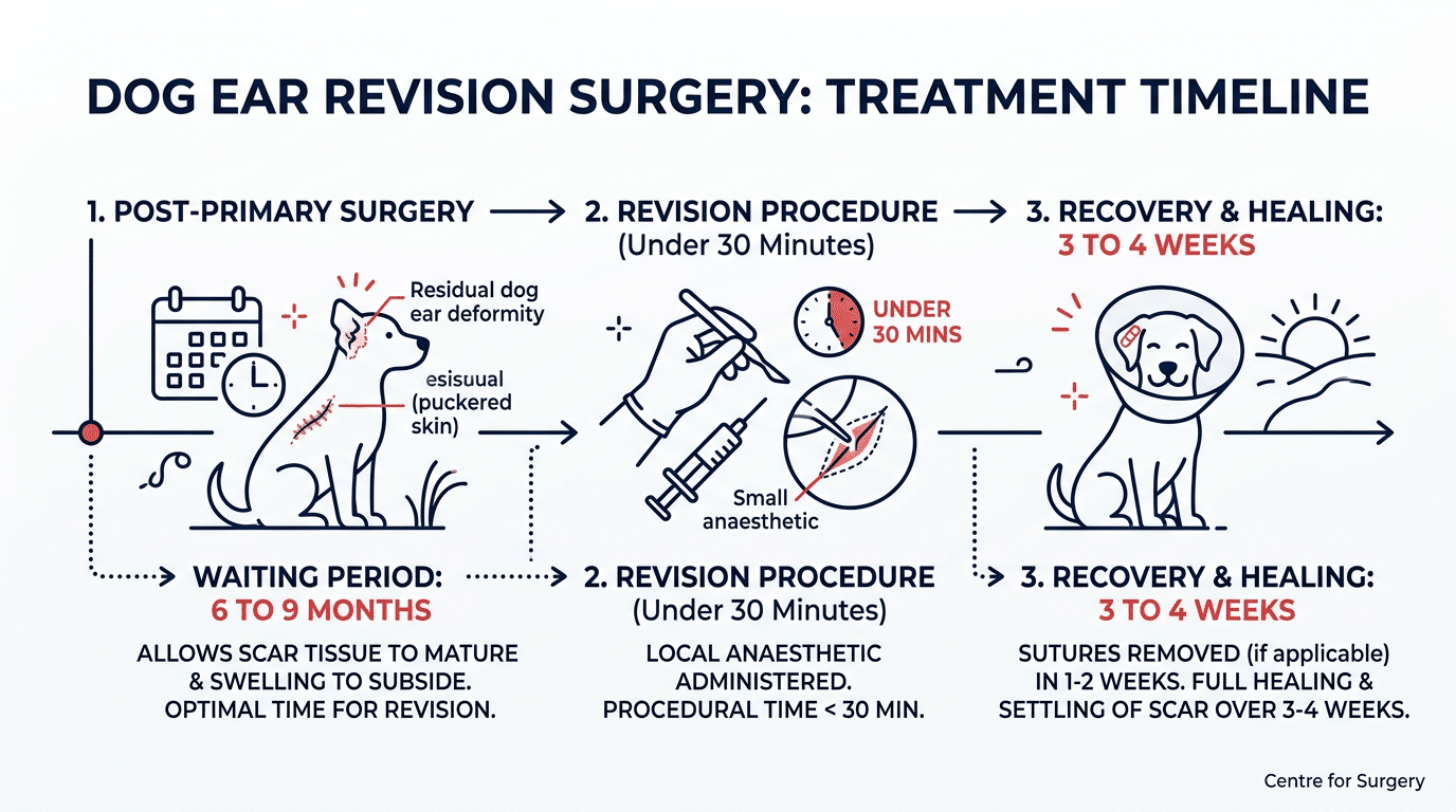 Timeline for dog ear revision surgery: wait 6 to 9 months after primary surgery, then a local anaesthetic revision procedure under 30 minutes, then recovery in 3 to 4 weeks