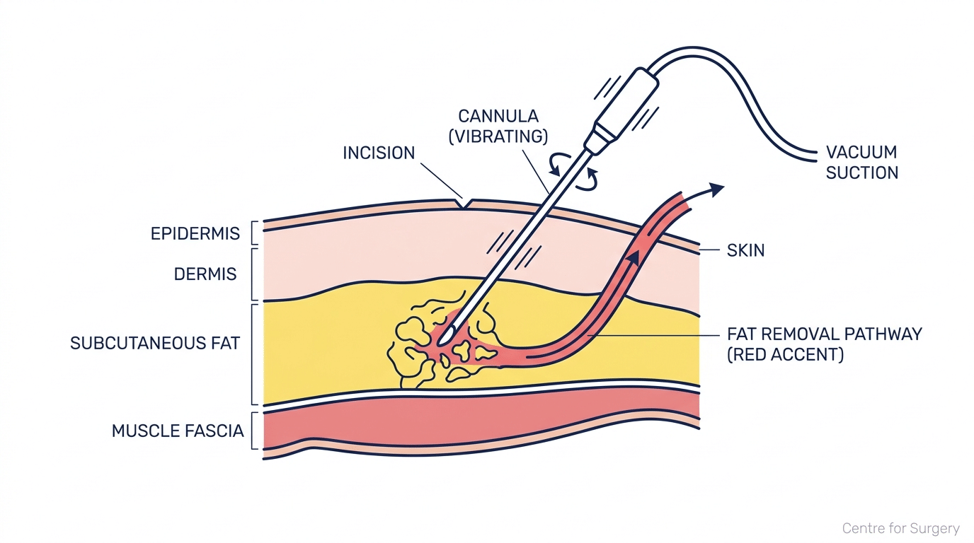 Diagram showing power-assisted liposuction cannula technique for thigh fat removal via vacuum suction