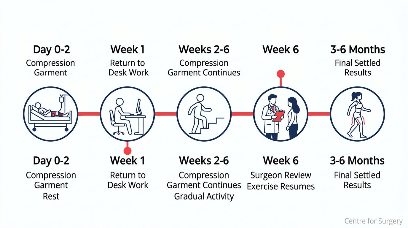 Thigh liposuction recovery timeline from day 0 through 6 months at Centre for Surgery London