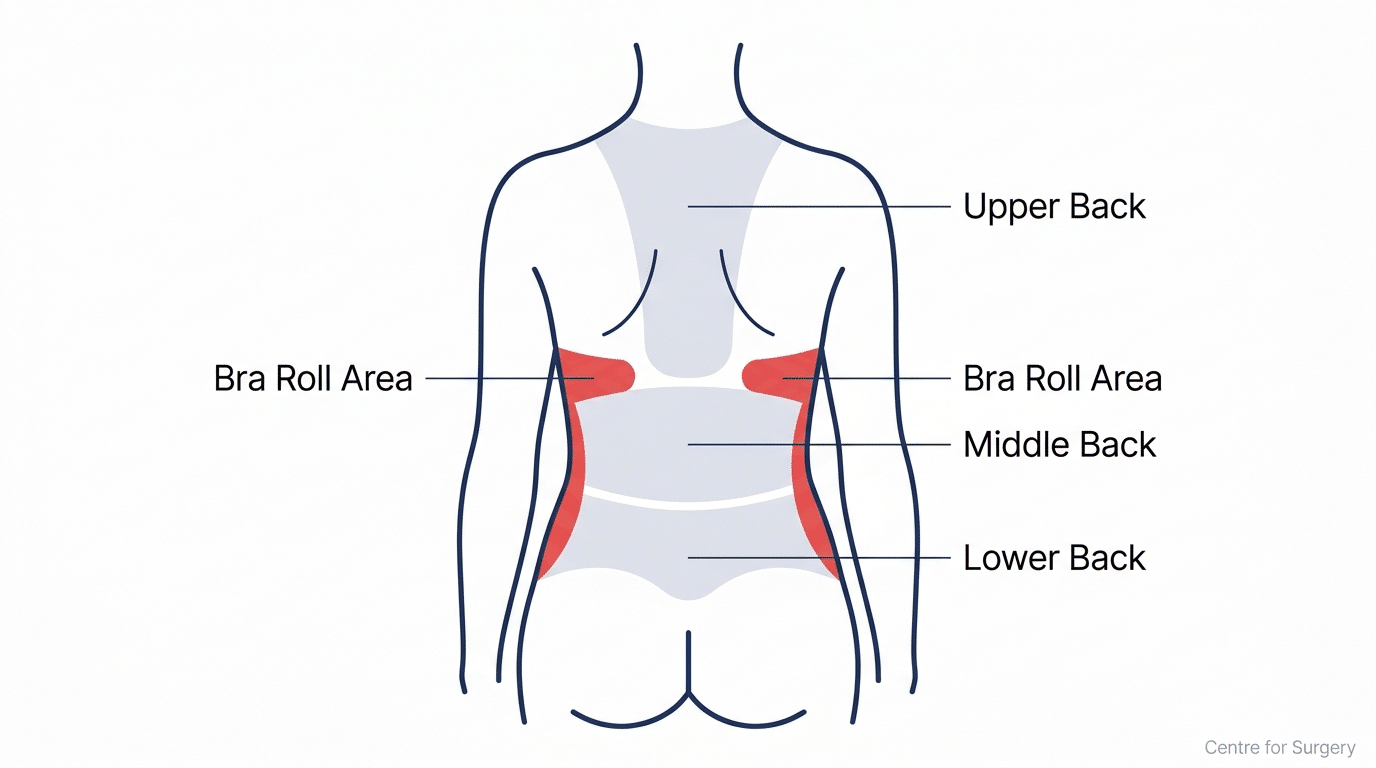 Diagram showing back liposuction treatment zones: upper back, middle back, lower back and bra roll area