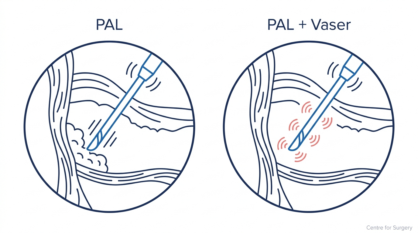 Diagram comparing power-assisted liposuction alone versus combined with Vaser for denser back tissue