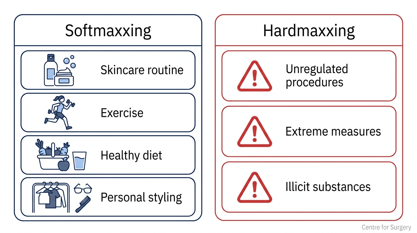 Comparison diagram of softmaxxing safe self-improvement methods versus hardmaxxing unregulated risky practices