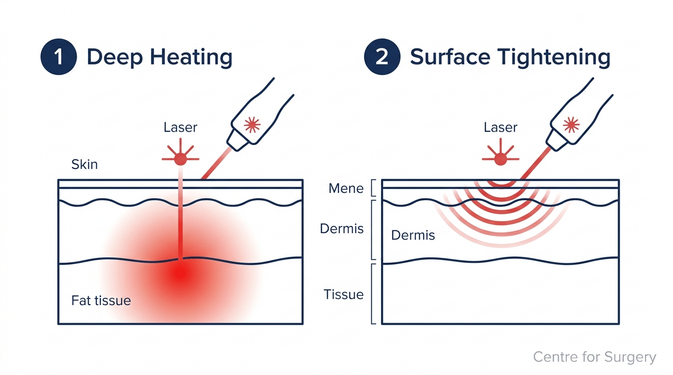 Diagram showing TightSculpting two-step dual-laser process of deep heating followed by surface skin tightening