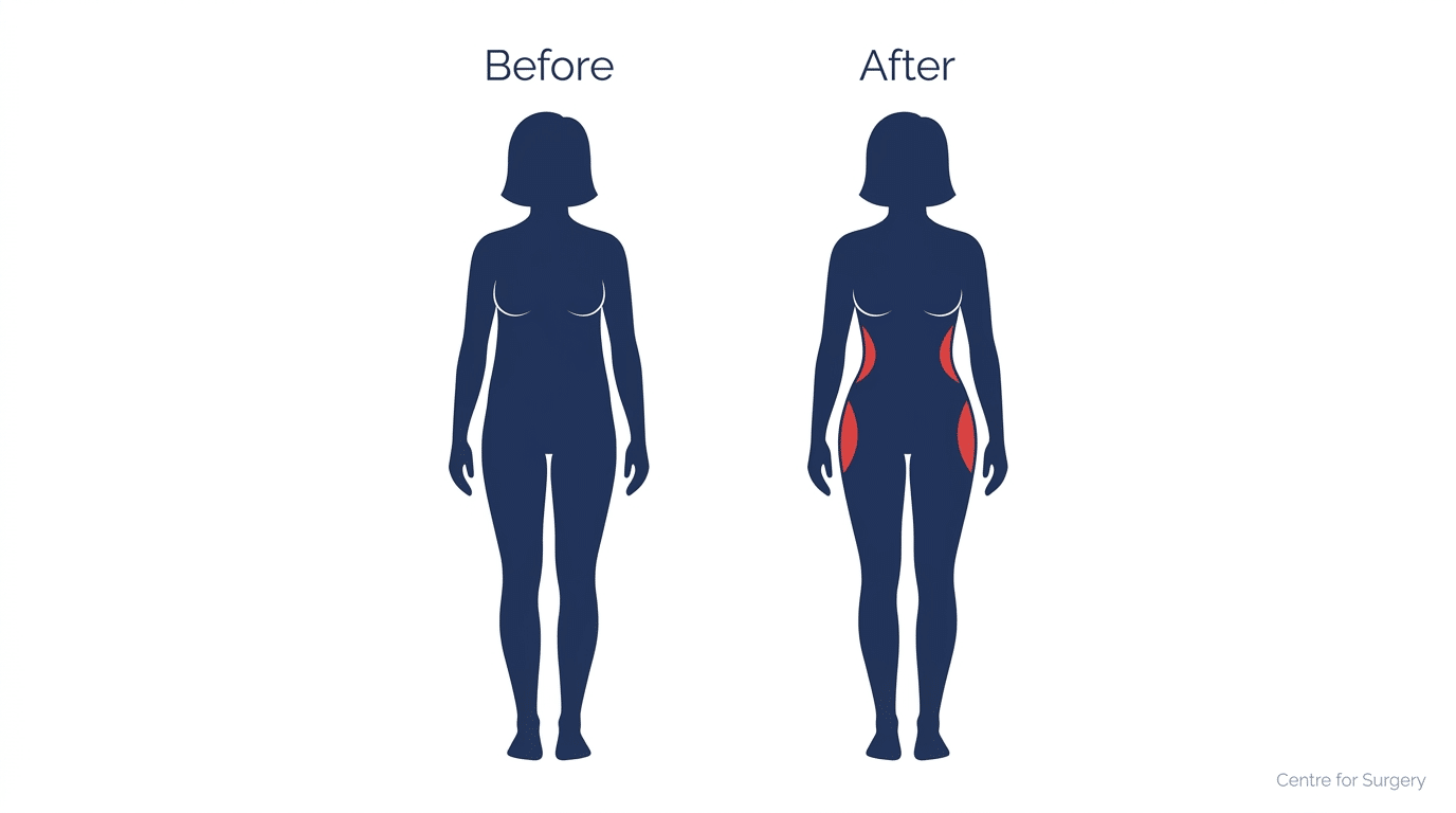Before and after diagram showing waistline contour change achieved by hourglass tummy tuck