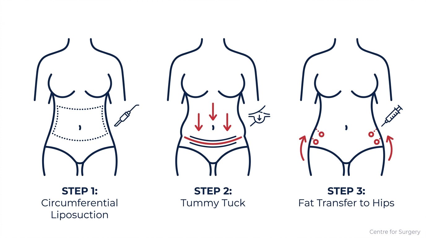 Three-step diagram of hourglass tummy tuck procedure: circumferential liposuction, tummy tuck, fat transfer to hips