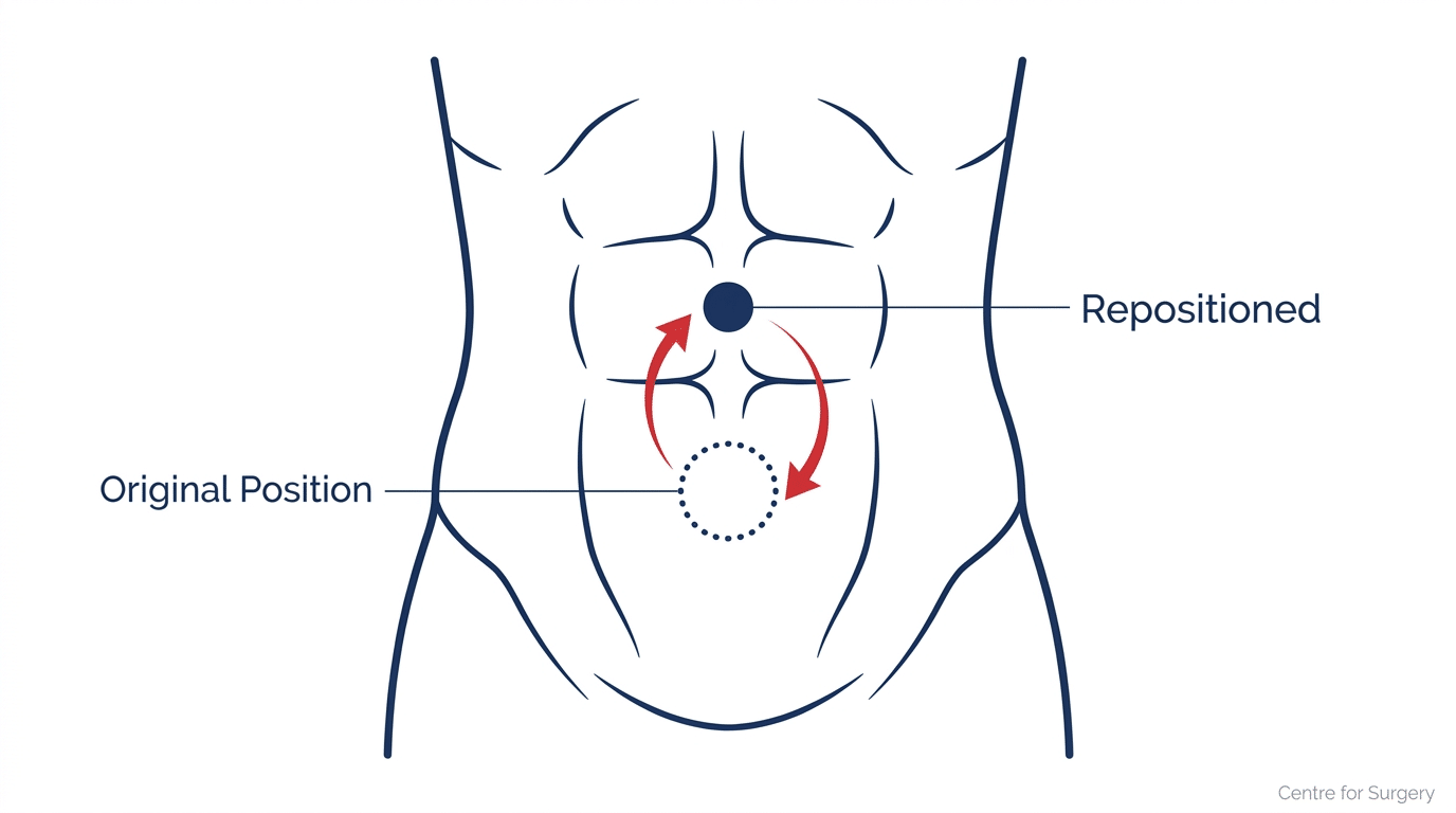 Diagram showing belly button repositioning technique during tummy tuck surgery