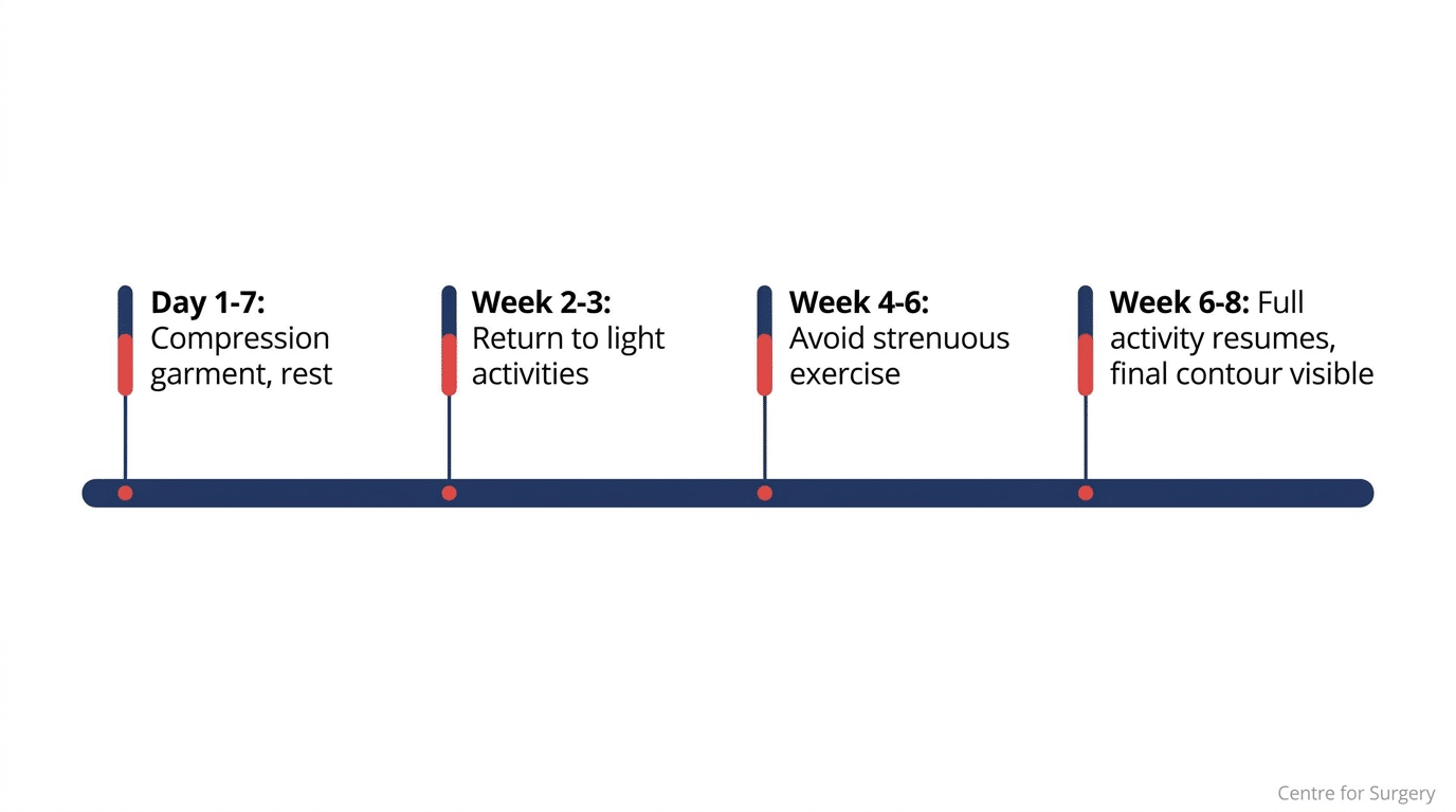 Recovery timeline diagram for hourglass tummy tuck showing key milestones from day 1 to week 8