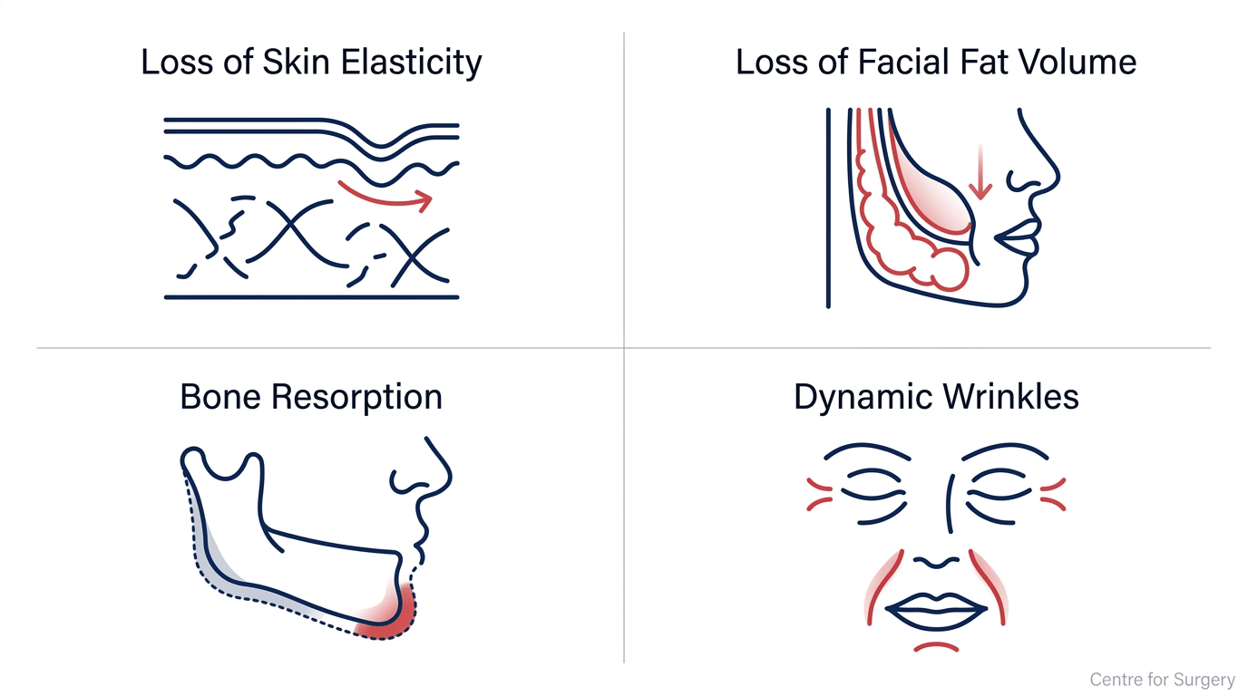 Diagram showing four facial ageing mechanisms: loss of skin elasticity, facial fat volume loss, bone resorption, and dynamic wrinkles