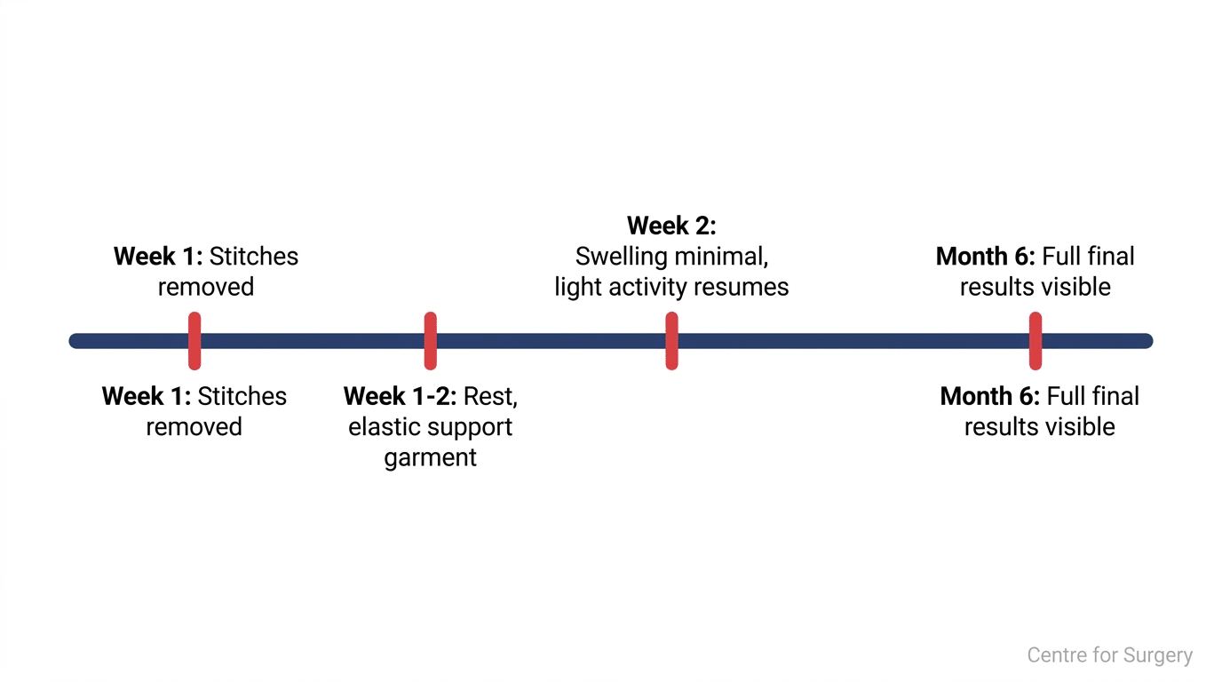 Recovery timeline diagram for facelift surgery showing key milestones from week 1 to month 6
