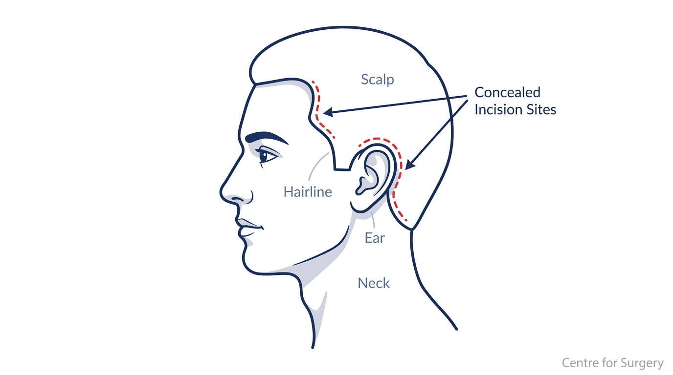 Diagram showing concealed ponytail facelift incision sites within the hairline and behind the ears