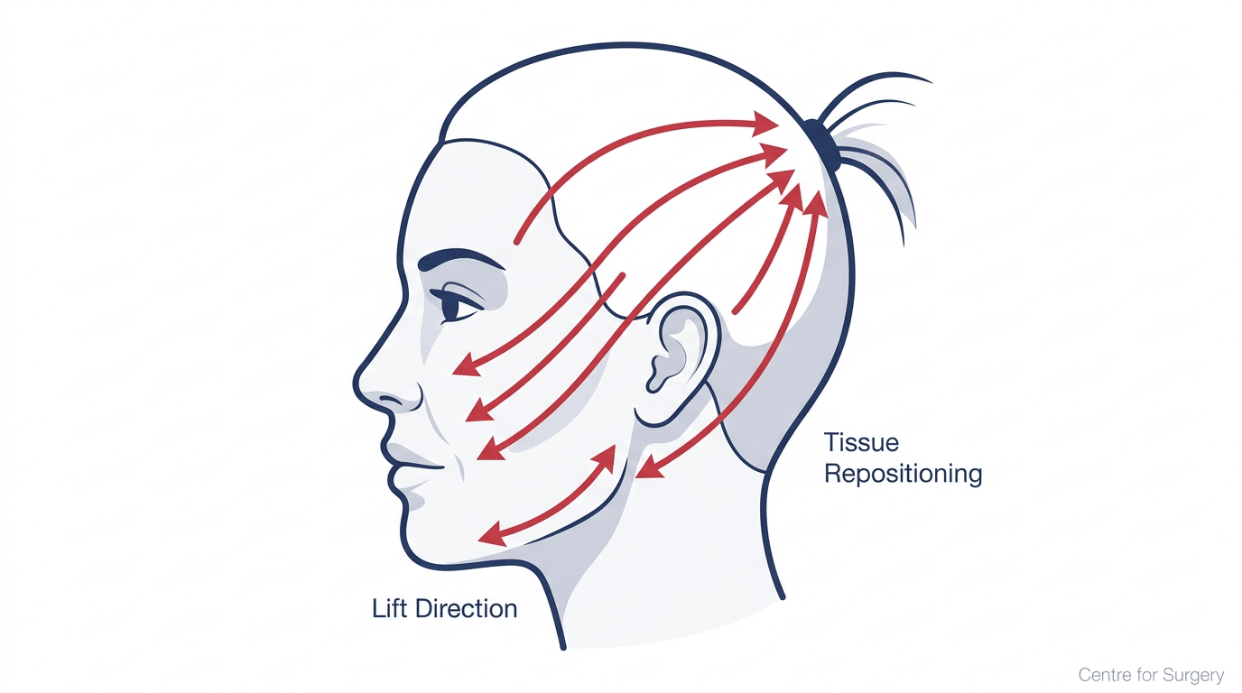 Diagram illustrating the ponytail lift technique showing tissue repositioned upward and backward toward the hairline