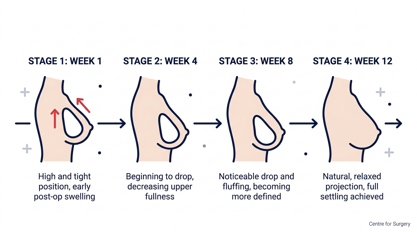 Dropping and fluffing timeline diagram showing normal breast implant settling from week 1 to week 12 at Centre for Surgery London