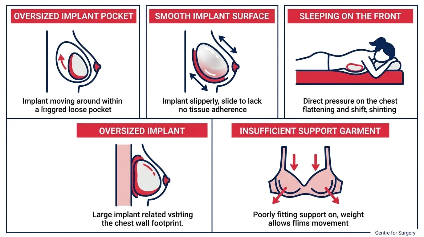 Causes of breast implant displacement diagram: pocket size, implant surface, sleep position, implant size, support garment, at Centre for Surgery London