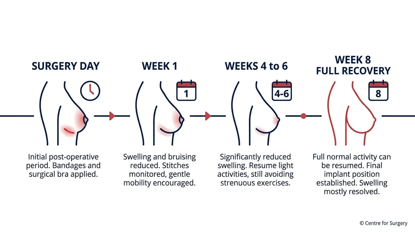 Breast implant replacement recovery timeline diagram: surgery day, week 1, weeks 4 to 6, week 8, at Centre for Surgery London