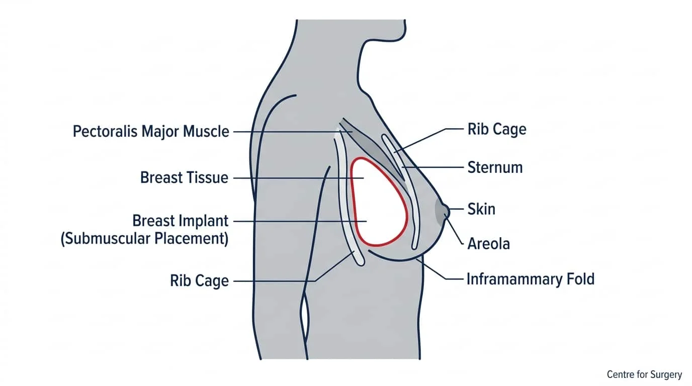 Breast implant movement diagram — how to tell if your breast implant has moved, Centre for Surgery London