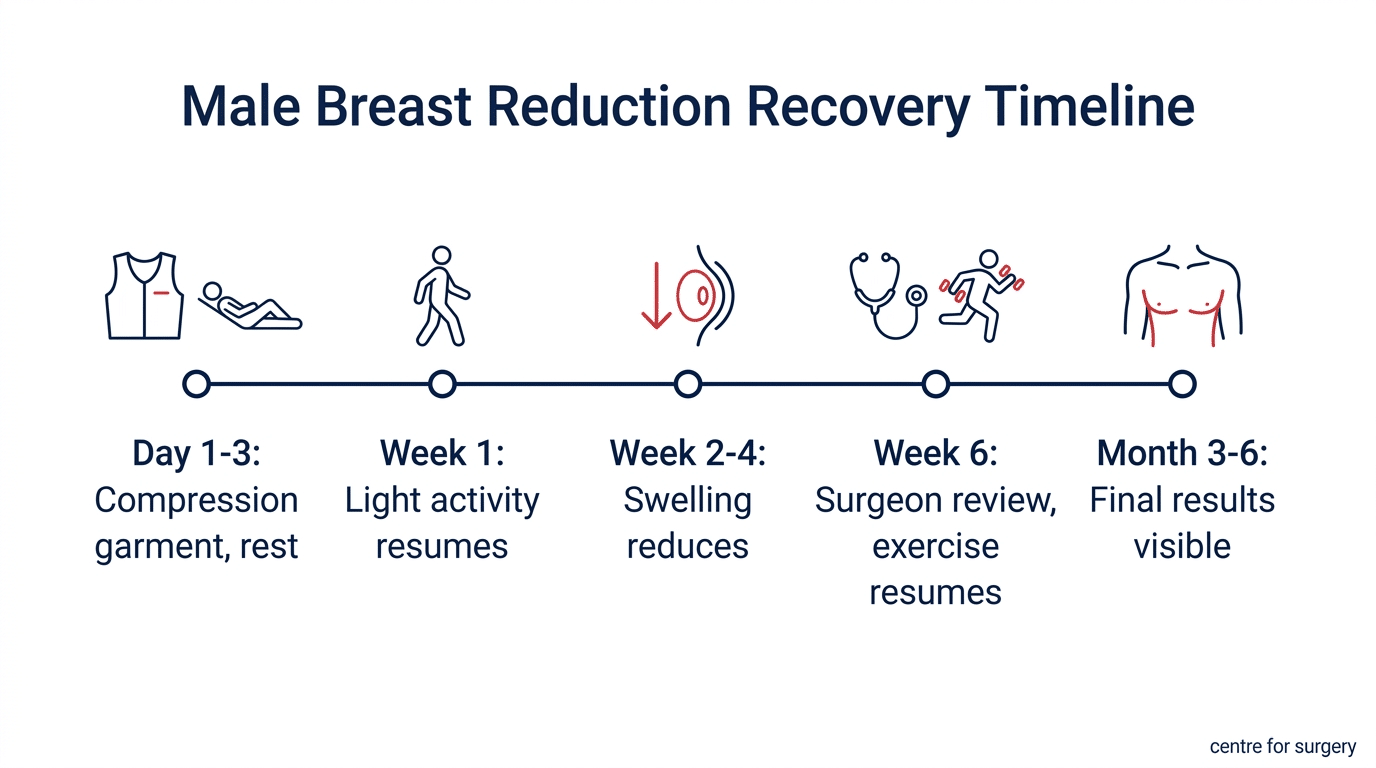 Male breast reduction recovery timeline from day 1 through month 6 at Centre for Surgery London