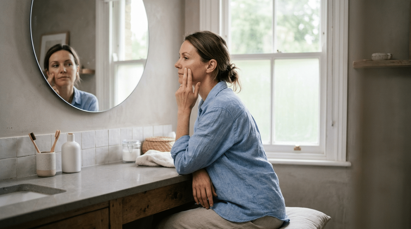 Woman in her forties checking the under-eye area in a bathroom mirror in soft morning daylight — eye bag treatment at Centre for Surgery London