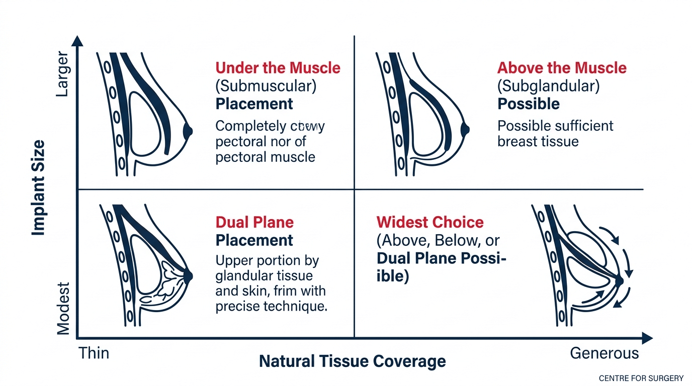 Decision matrix showing how implant size and natural tissue coverage influence the choice of breast implant placement
