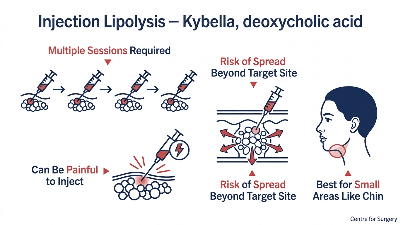 Diagram explaining injection lipolysis treatments like Kybella and deoxycholic acid at Centre for Surgery London